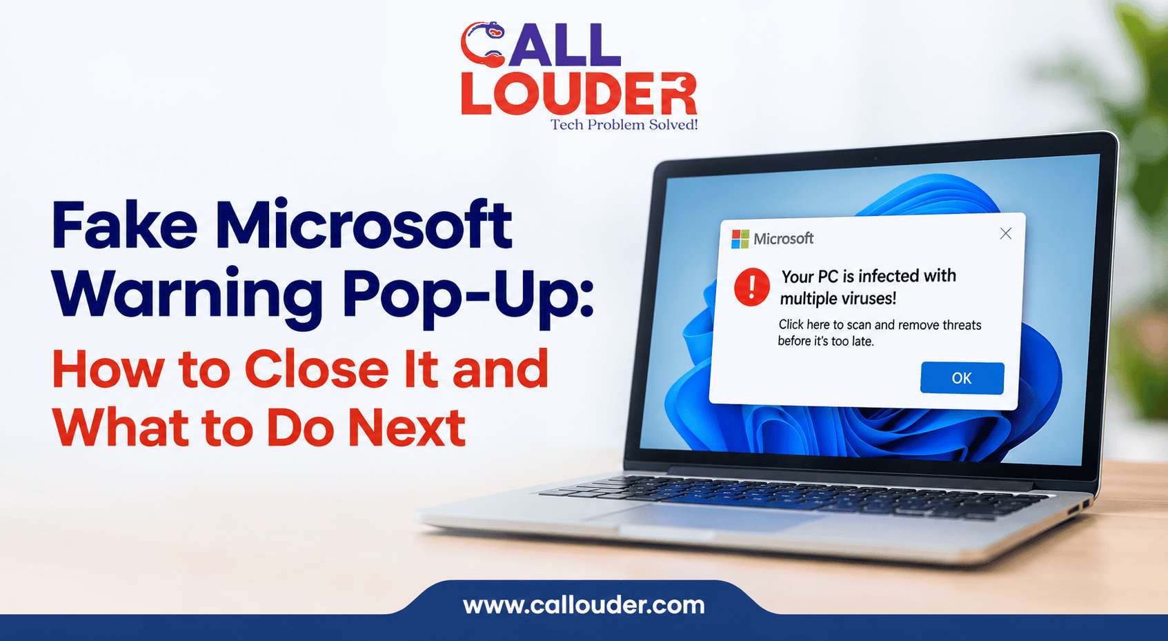 Fake Microsoft warning pop-up on a Windows 11 laptop showing a suspicious virus alert and how to close it safely